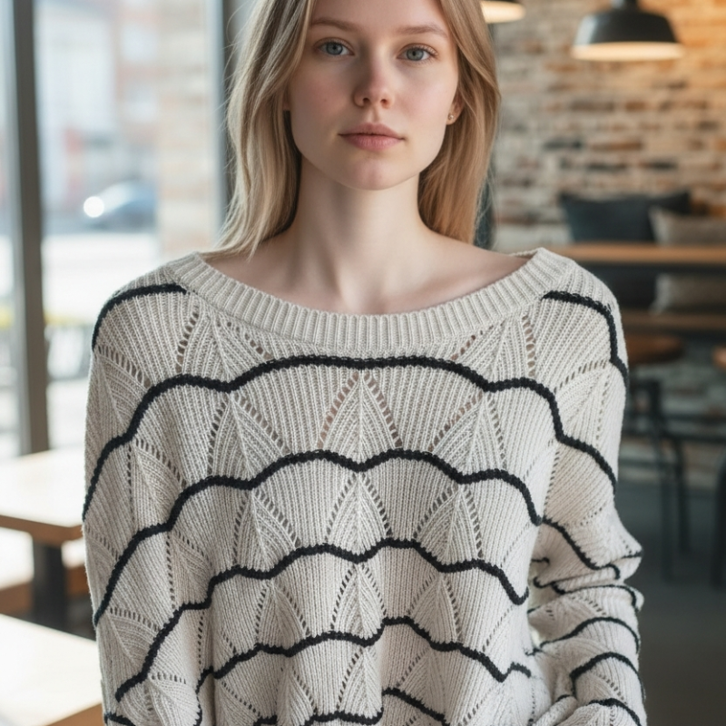 pull ajouré rayé kiabi – beige & noir – taille xs